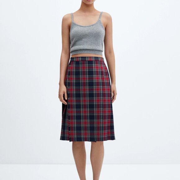 Mango Red Pleated Midi-Skirt Plaid Skirt/NWT/S - Picture 2 of 16